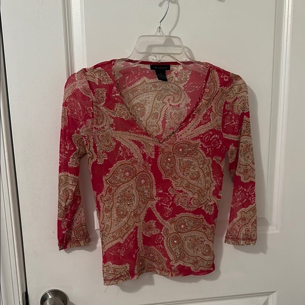 The Limited Red and Tan Fitted 3/4 Sleeve Blouse